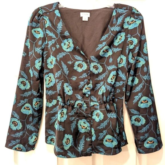 J. Crew Satin back crepe peplum button-front black green floral blouse shirt 2 - Picture 3 of 13